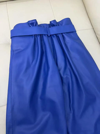 Stylish Genuine Leather Pants Women Sheepskin Bow Tie Lace High Waist Trousers Mujer Khaki/Green Straight Wide Leg Pantalon