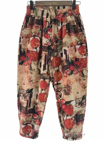 Fashion Printed Cotton Linen Harem Pants for Women 2025 Summer Casual High Waist Calf-Length Loose Trousers Female Streetwear