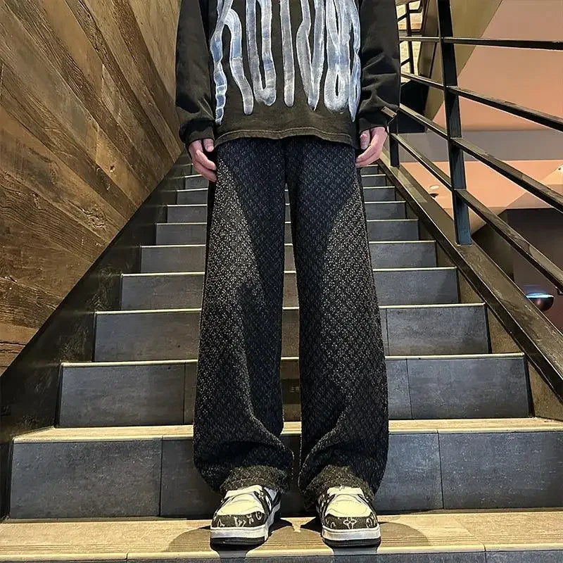 Light Blue Full Print Jacquard Jeans for Men, Niche Design, Curved Knife Pants, American High Street Vibe Straight Leg Pants