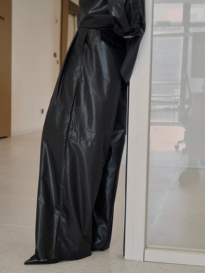 High Waist Black Glossy Casual Long Wide Leg Pants New Loose Fit Trousers Women Fashion Tide Spring Autumn 2025