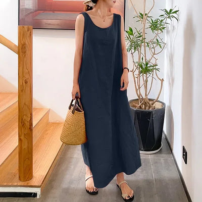 Fashion Casual Boho Dress For Women Summer Elegant Sleeveless Sundress Solid Beach Party Loose Dresses Robe Femme New Vestidos