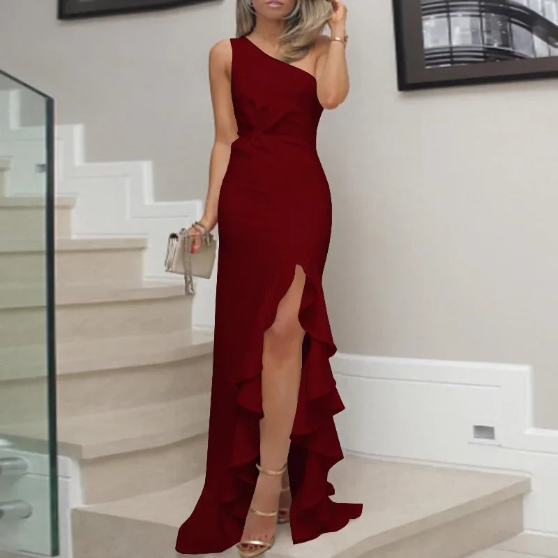 2025 Women's Dress Evening Slit Solid Color Elegant Asymmetric Off-Shoulder Long Dress for Female