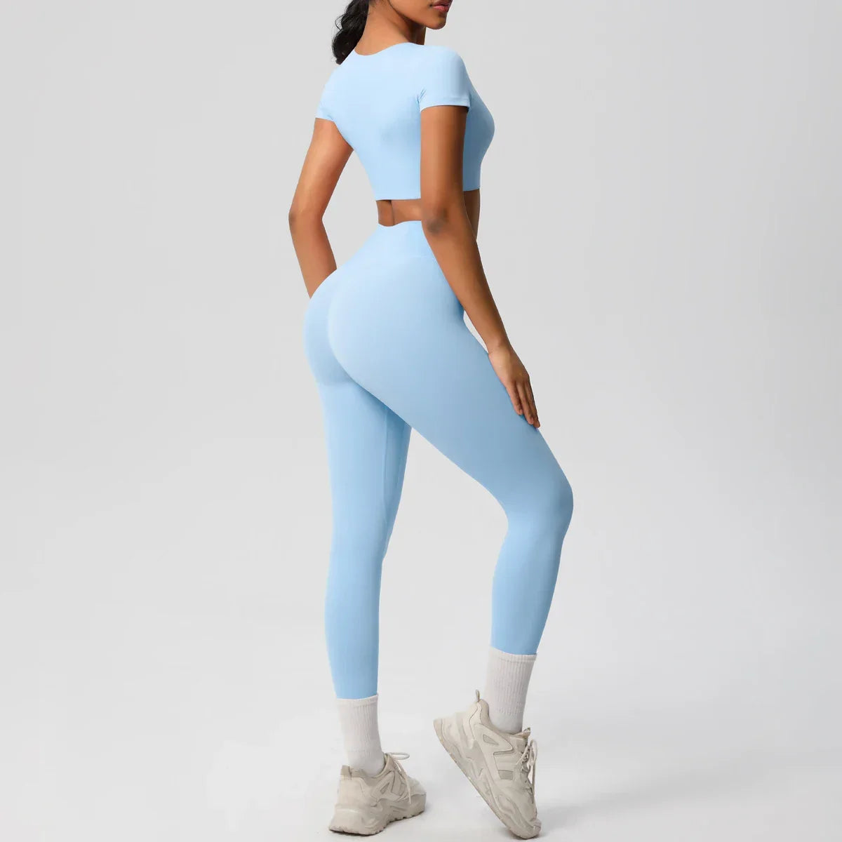 Yoga Set 2 Pieces Women Tracksuits Workout Sportswear Gym Clothing Fitness Short Sleeve With Padded High Waist Leggings Suits
