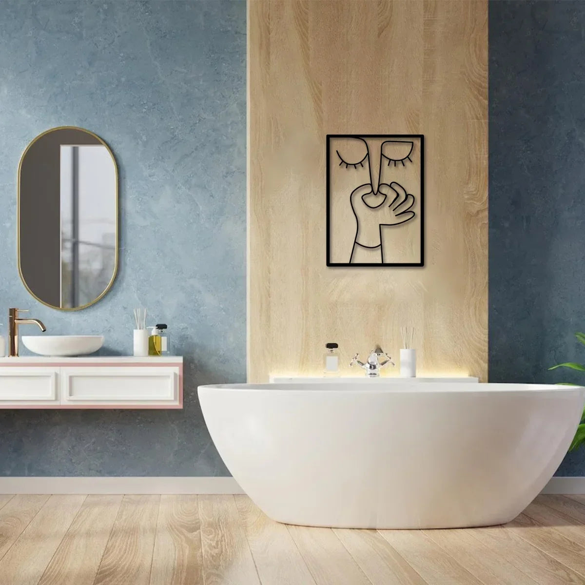 Metal Wall Art for Toilet: Funny Portrait with Minimal Line Art Design as Bathroom Sign & Restroom Decor