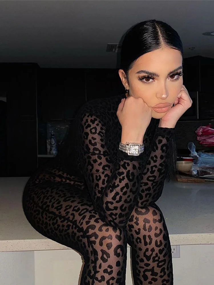 Women's jumpsuit sexy midnight club animal instinct mesh tight stockings leopard print transparent velvet long sleeved jumpsuit