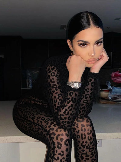 Women's jumpsuit sexy midnight club animal instinct mesh tight stockings leopard print transparent velvet long sleeved jumpsuit