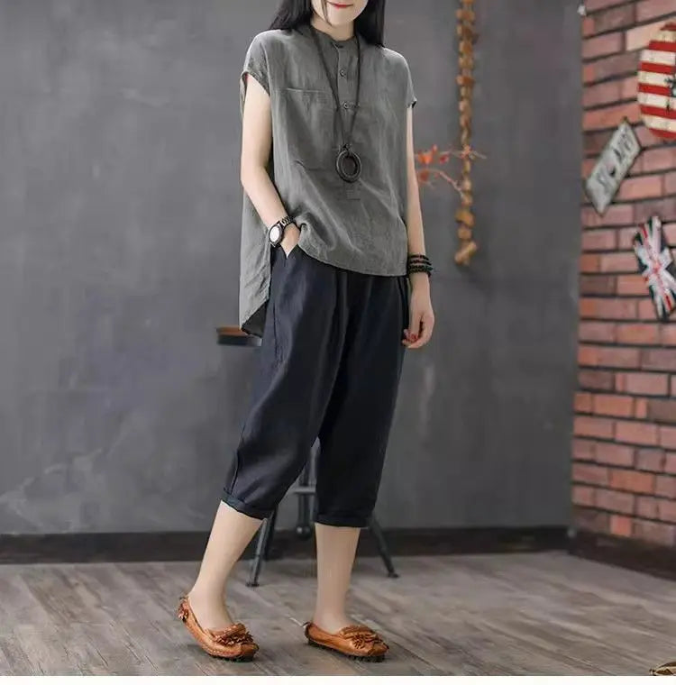 Artistic Style Cotton Linen Short Sleeves Shirt for Women Summer Solid Loose Stand Collar Temperament Top Fashion Women Clothing
