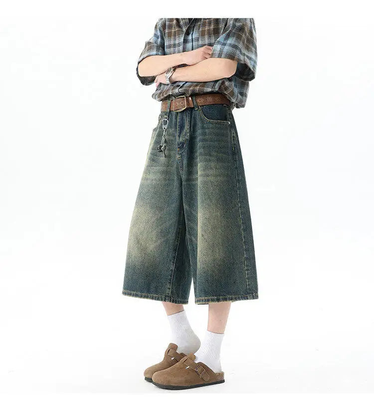 Trendy High-Waisted Wide-Leg Cropped Jeans for Men 2025 Summer Casual Stretch Denim Capri Pants Comfort Fit & Stylish Outfit 8XL