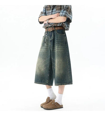 Trendy High-Waisted Wide-Leg Cropped Jeans for Men 2025 Summer Casual Stretch Denim Capri Pants Comfort Fit & Stylish Outfit 8XL
