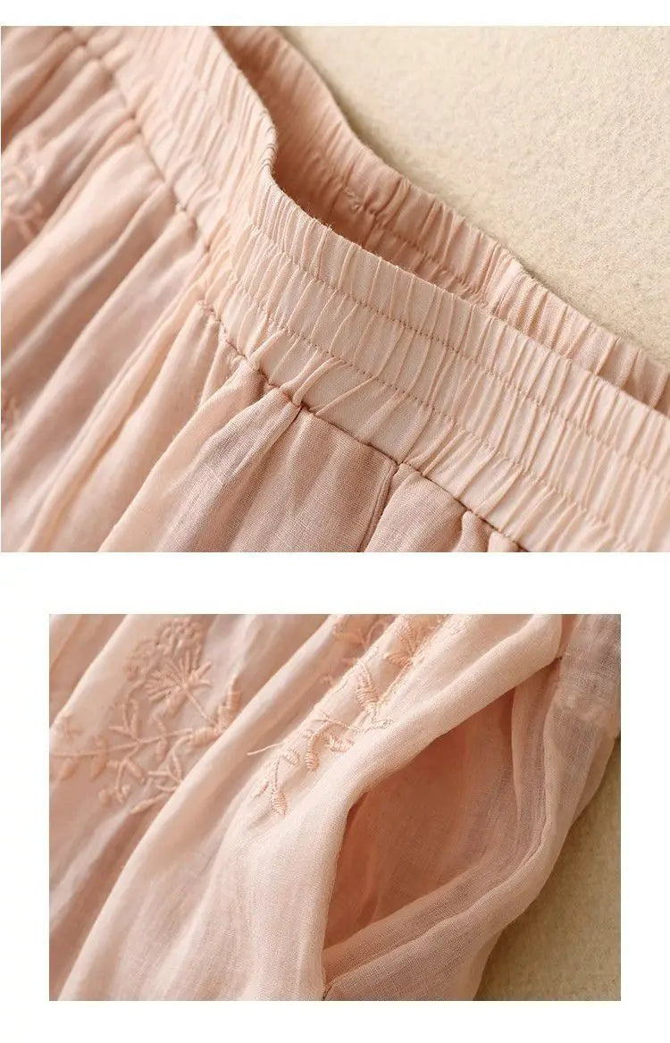 Cotton and Linen Harem Women Summer Vintage Embroidery Lightweight Breathable Lantern Pants