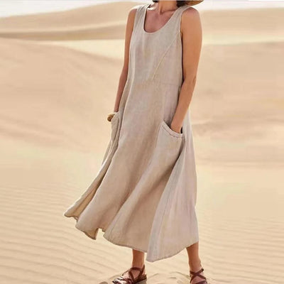 Cotton Linen Sleeveless Dress for Women Summer Pullover Skirt Vestidos Fashion Female Clothing Short Sleeved Loose Long Dress