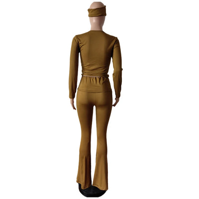 2 Two Piece Lounge Wear for Women 2024 Loungewear With Headband Yoga Outfit Long Sleeve Tops and Flare Pants Sets Tracksuit