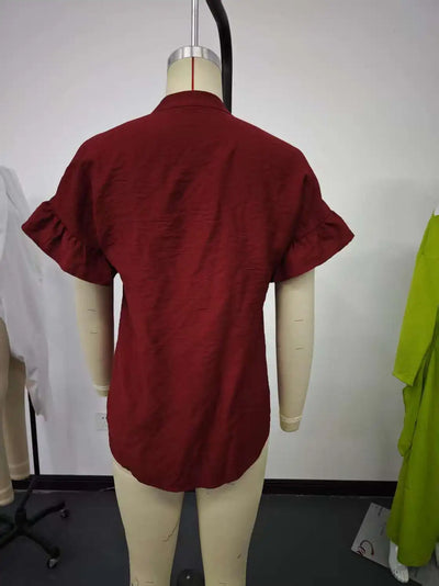 Women Button Solid Cotton Linen Blouses Summer 2025 Fashion Stand Up Short Sleeve Shirts Casual V-Neck Ruffles Office Lady Tops