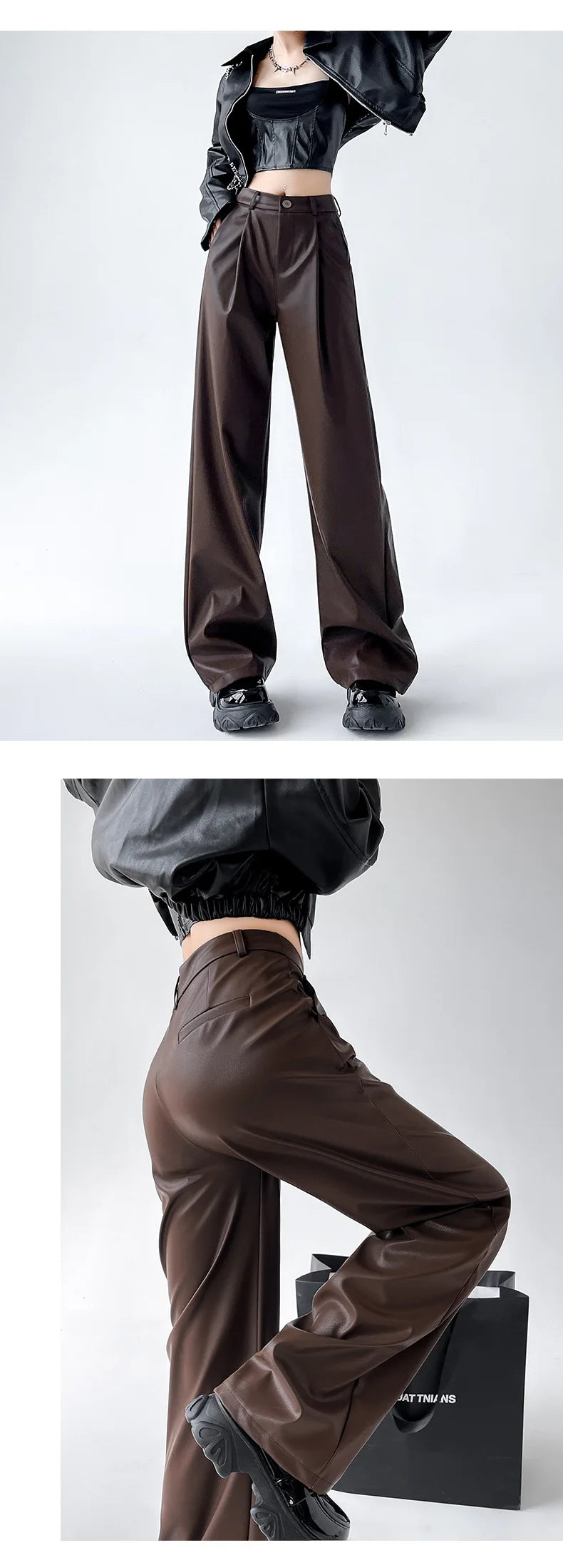 Women's Wide Leg Pants PU Straight Pants Autumn New Fashion Pantalones Mujer Solid Black Brown Leather Pants Women Streetwear