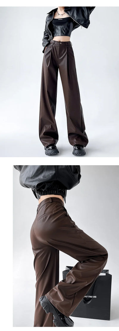 Women's Wide Leg Pants PU Straight Pants Autumn New Fashion Pantalones Mujer Solid Black Brown Leather Pants Women Streetwear