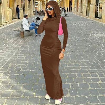 Hooded Long Dress For Women Y2k Clothes Sexy Streetwear Long Sleeve Bodycon Vestidos De Mujer Solid Robe Femme Été Back Split