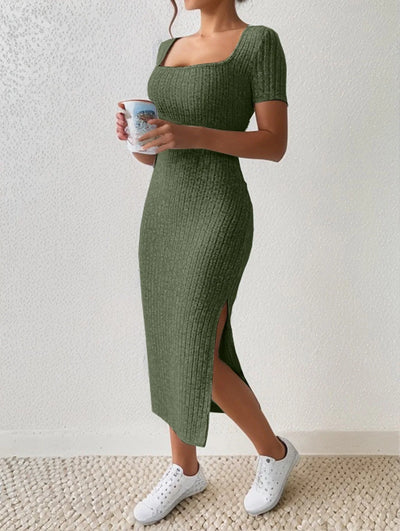 Summer Dresses for Women square neck hip-covering mid-length skirt short-sleeved versatile knitted slit dress