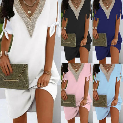 Elegant Dresses For Women V Neck Off Shoulder Patchwork Design Casual Office Lady Mini Dress White Loose Beach Holiday Dress y2k