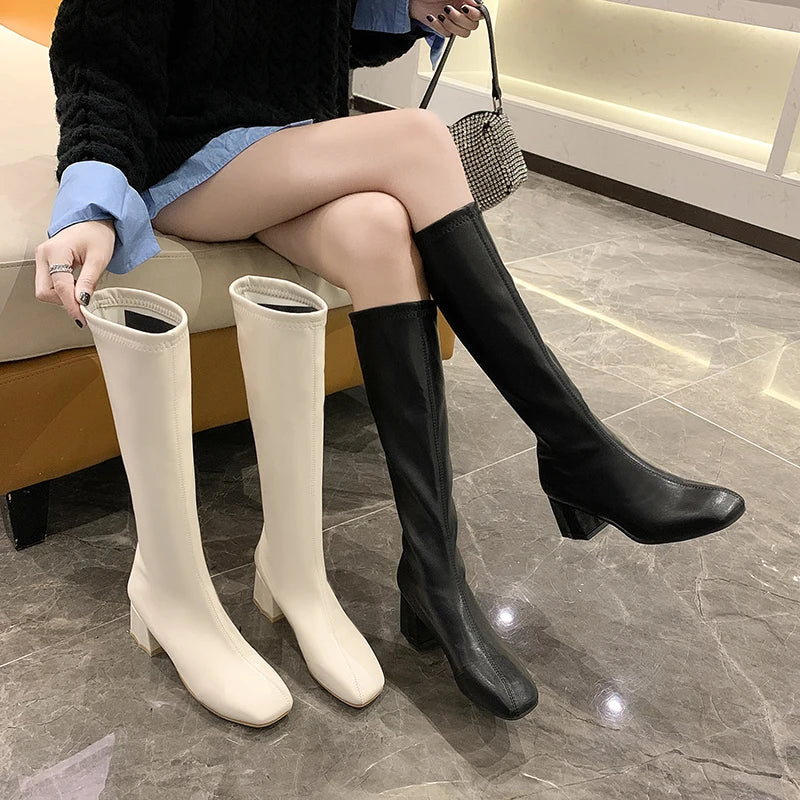 Knee-high  Boots Women's Autumn Winter Faion Briti Sle Flat Head Slimming High-calf Boots Waterproof PU Leather