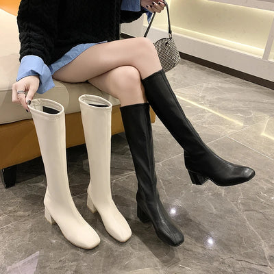 Knee-high  Boots Women's Autumn Winter Faion Briti Sle Flat Head Slimming High-calf Boots Waterproof PU Leather