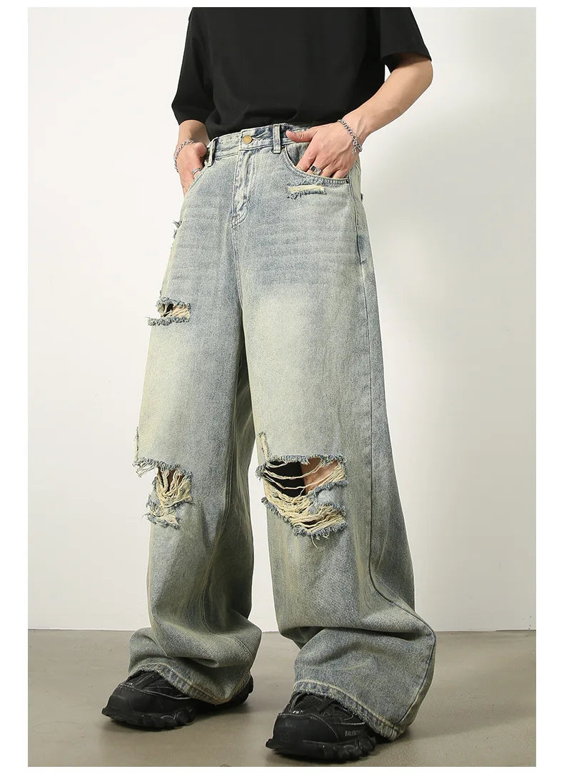 Loose Ripped Jeans Men Blue Baggy jeans For Men High End Wide Leg Pants Soft Denim Jeans Summer Streetwear Fashion Mens Trousers