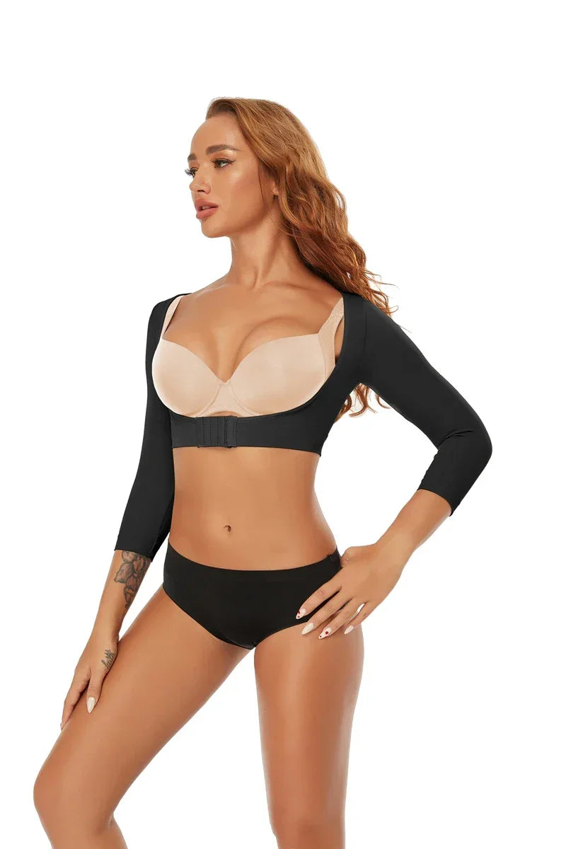 Upper Arm Shaper Post Surgical Slimmer Compression Sleeves Posture Corrector Tops Shapewear for Women 3/4 Sleeve Crop Top Nude