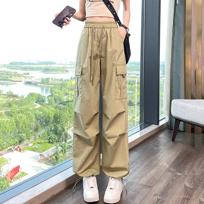 Fashion Women Joggers Pants Casual Female Chic Straight Cargo Pants Elastic High Waist Streetwear Slim Trousers Summer Thin
