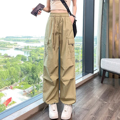 Fashion Women Joggers Pants Casual Female Chic Straight Cargo Pants Elastic High Waist Streetwear Slim Trousers Summer Thin
