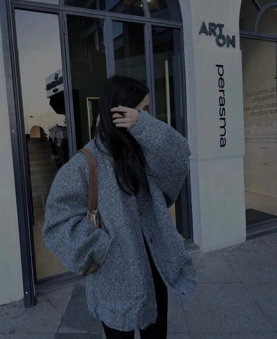 Woman's Oversized Bomber Jacket Autumn New Round Neck Long Sleeve Pocket Hidden Button Loose Jackets Coat Female Outerwear