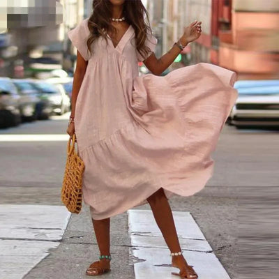 Cotton Linen Sexy V-neck Short Dress Summer New Women's Solid Color Multi-color Casual Loose Short Sleeved Mid Length Dress