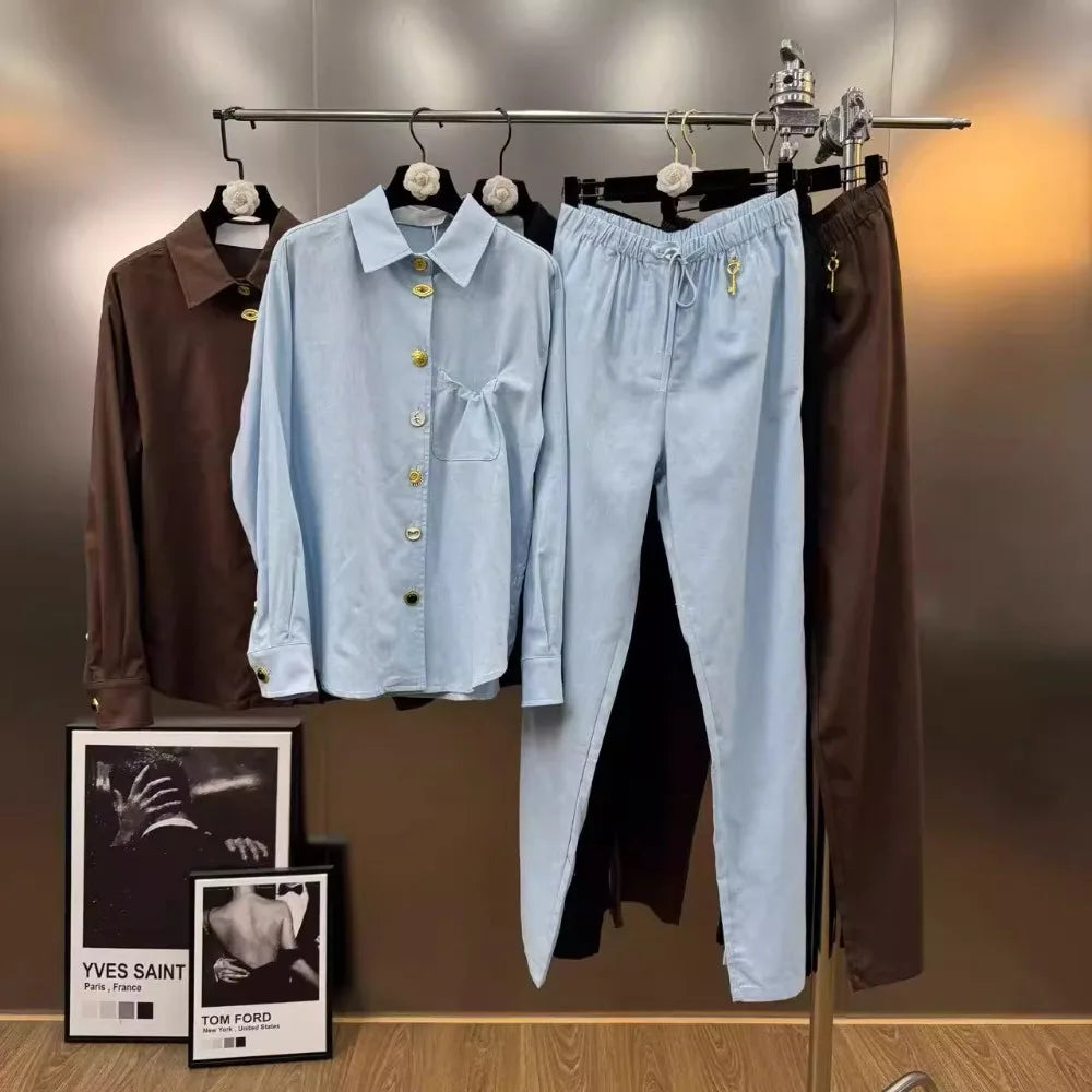 VGH Chic Spliced Metal Buckles Two Piece Set for Women Lapel Long Sleeve Top High Waist Patchwork Drawstring Pants Suit Female