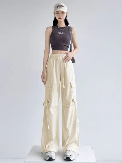Cargo Pants for Women with Pockets Pink Loose Woman Trousers Wide Leg Spring Autumn Cotton Vintage Elastic Casual All Medium 90s