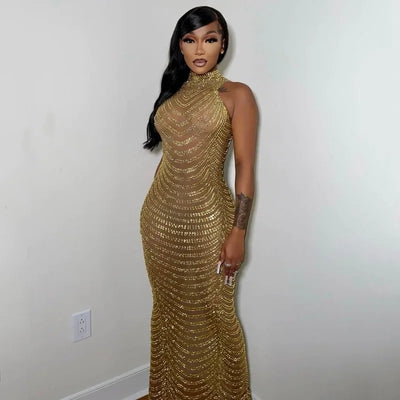 Sexy Sheer Mesh Studded Maxi Dress Women Sheath Backless Party Dress Clubwear