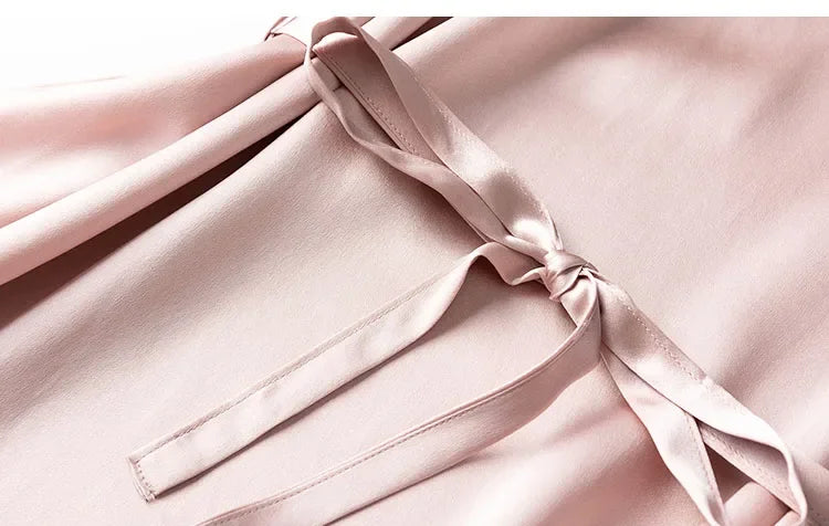 Women Midi Dress 100% Mulberry Silk 20 Momme Crew neck belted waist Solid Color Light Pink A Line Long Dress MM883