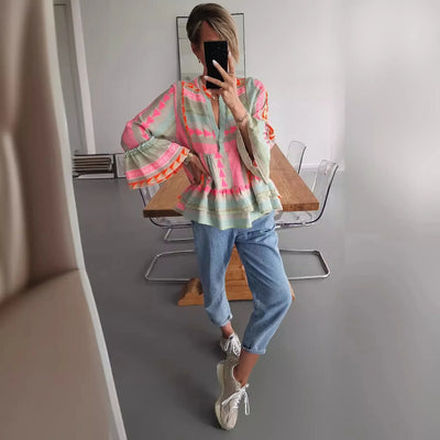 Women Loungewear Shirts V-Neck Long Flare Sleeve Fashion Ruffles Ladies Pullover Blouses 2023 Patchwork Streetwear Dropshipping