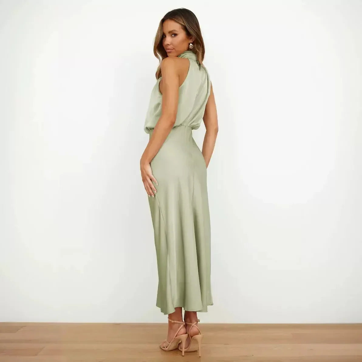 2025 Spring/Summer Long Dress for Women High Waist Halter Satin Sleeveless Dress Fashion Elegant Solid Evening Party Dresses