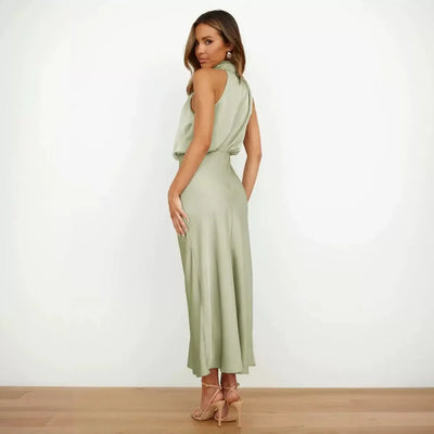 2025 Spring/Summer Long Dress for Women High Waist Halter Satin Sleeveless Dress Fashion Elegant Solid Evening Party Dresses