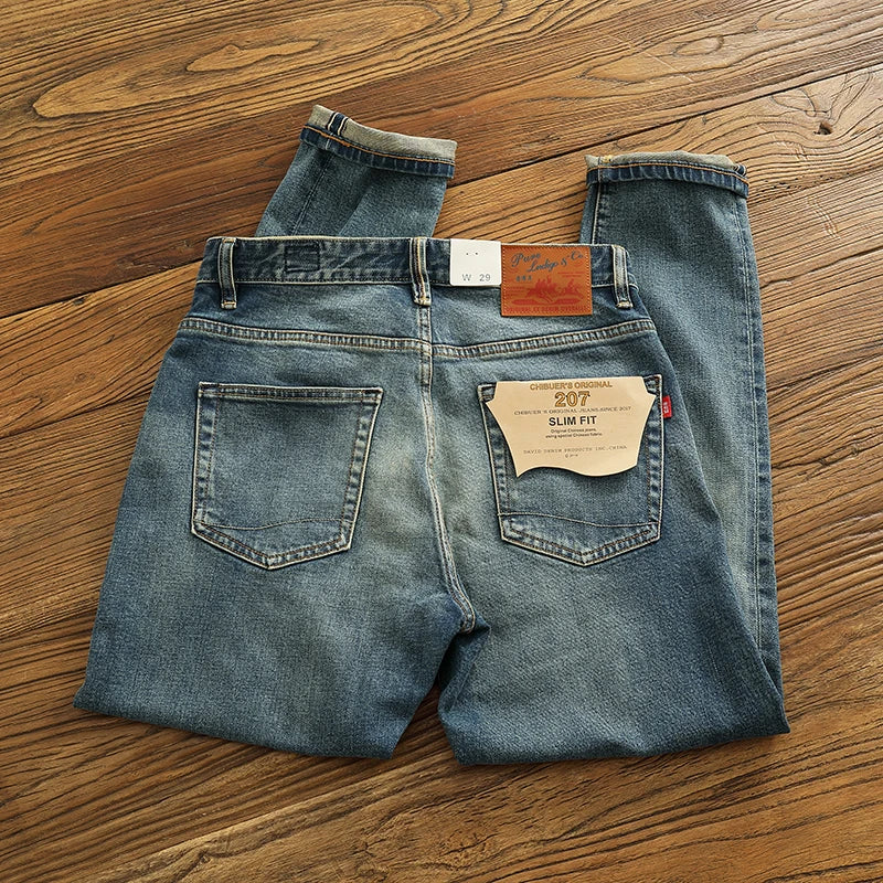 14 oz Red Denim Jeans for Men Retro Slim Straight Stretch made old wash heavy weight hem denim pants trend