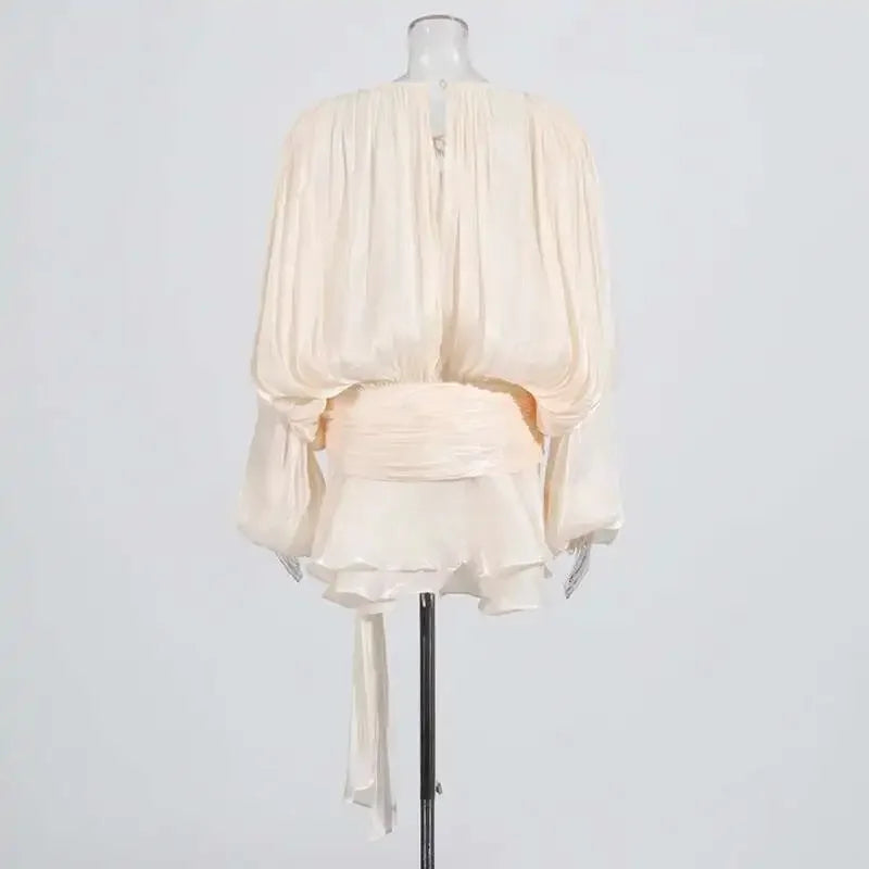 TWOTWINSTYLE Solid Blouse Mini Dresses For Women V Neck Long Sleeve Spliced Lace Up Sweet Style Dress Female Clothing Fashion