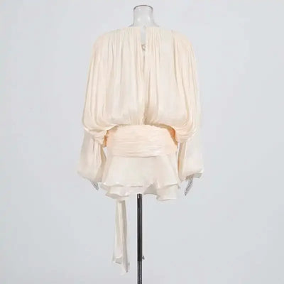 TWOTWINSTYLE Solid Blouse Mini Dresses For Women V Neck Long Sleeve Spliced Lace Up Sweet Style Dress Female Clothing Fashion