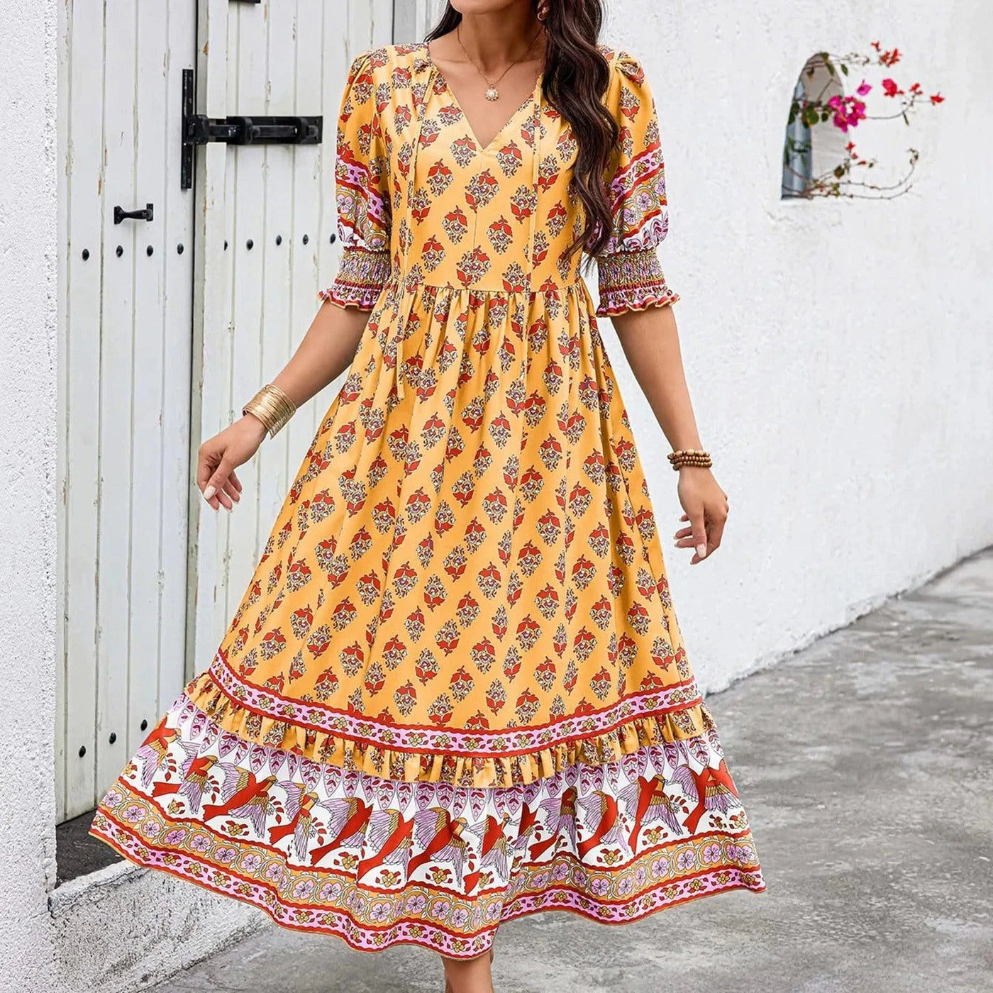 dresses for women Fashion summer Casual long dresses Bohemian V-Neck Printed High Waisted Big Swing Dress vestidos cortos