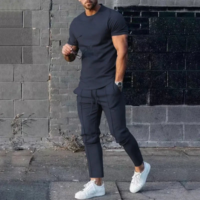 Mens Suit Summer Two-piece Suit Short-sleeved T-shirt Casual Fashion Trousers Sets for Men