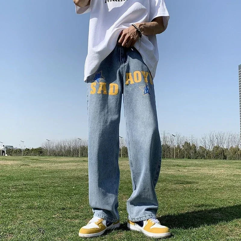 Men's Jeans Hip Hop Man Cowboy Pants Star Straight Graphic Trousers Korean Style 2024 Autumn Fashion Stylish Japanese Street Xs