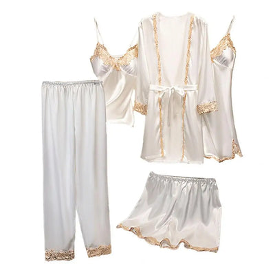 Women's Summer Sexy Pajama Pants Set 5 Pieces Nightgown Nightdress Top Shorts Pants Set Lace Satin Silk Sleepwear Robe Sleepwear