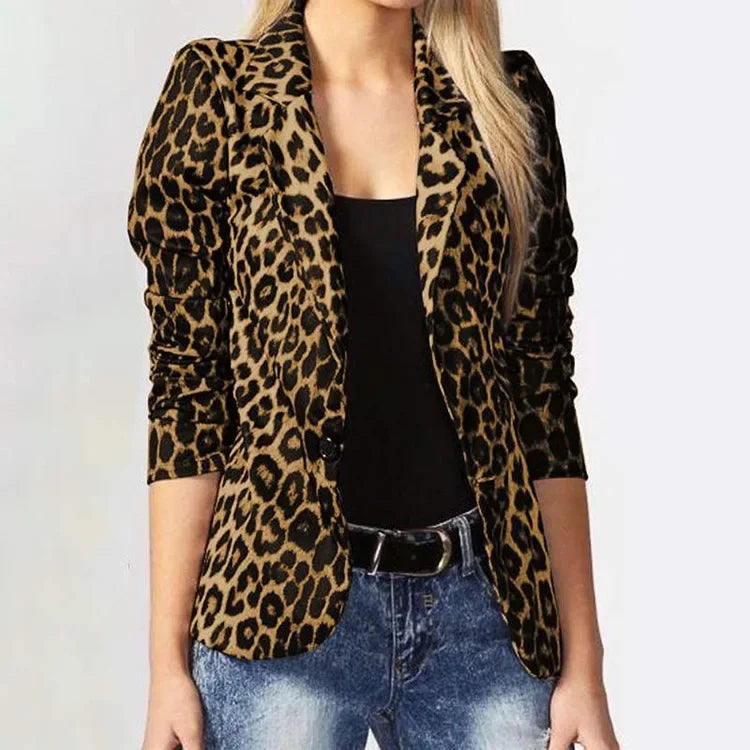 Women Casual Leopard Print Cardigan Jacket Coat Button Outwear Thin Blouses V-Neck Slim Polyester Spandex Women's Blazer