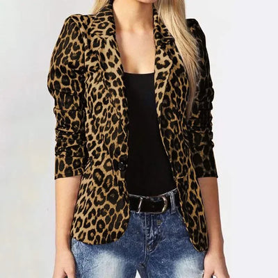 Women Casual Leopard Print Cardigan Jacket Coat Button Outwear Thin Blouses V-Neck Slim Polyester Spandex Women's Blazer