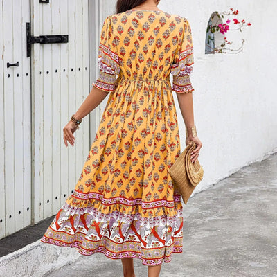 dresses for women Fashion summer Casual long dresses Bohemian V-Neck Printed High Waisted Big Swing Dress vestidos cortos