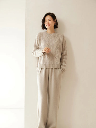 ADDONEE Women 100% Cashmere Pants Pleated Waist Wide Leg Pants Casual Simple Style Autumn Winter Cashmere Knit Trousers Luxury