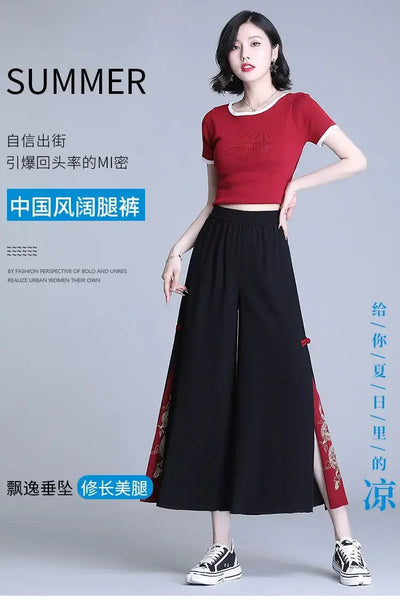 Fashion Women Trousers High Waist Wide Leg Pants Chiffon Slit Culottes Cheap Wholesale Elastic Waist Cropped Pants Free Shipping