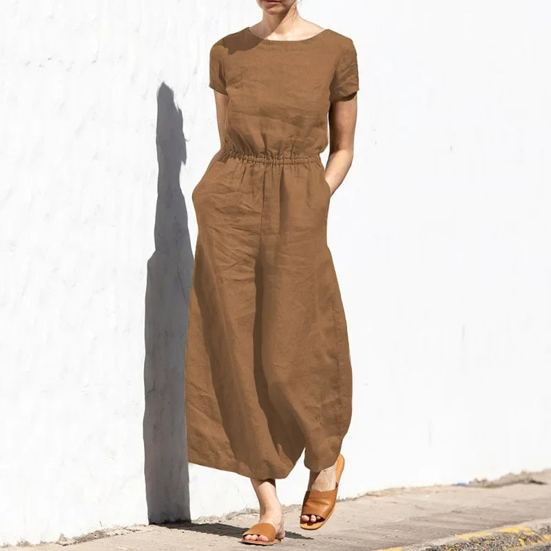 2025 Summer Short Sleeve Rompers Casual Loose Tighten Waist Solid Work Long Playsuit Elegant Women Jumpsuits Retro Overalls